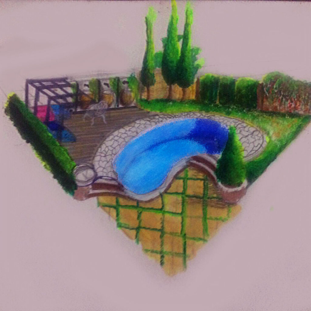 رسم يدوي لحديقة ومسبح